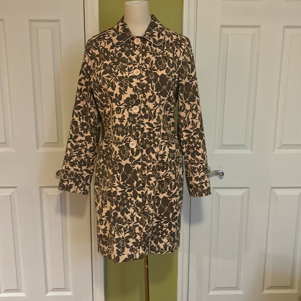 Nine West Long Trench Pea Coat Floral Paisley Large Brown Pink Pockets